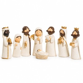Nacimiento Navideño Pequeño de 8 Piezas, Figuras Blanco Marfil y Dorado con Acabado Brillante, Decoración de Navidad para Mesas y Repisas de Interior
