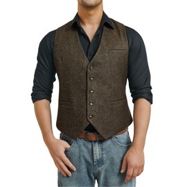 HISDERN Men's Formal Suit Vest Solid Waistcoat for Mens Herringbone Waistcoats Tweed Waistcoats Brown M