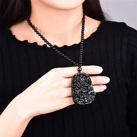 Natural Obsidian Dragon Necklace for Men Black Obsidian Pendant Necklace Talisman Amulet Protection Pendant with Bead Chain Healing Crystal Stone Amulet Protection Pendant Spiritual Jewelry