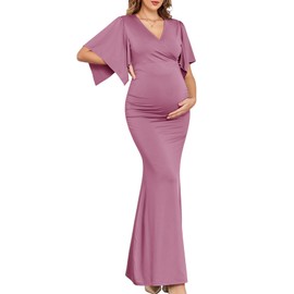 CYCLAMEN Maxi Maternity Dress Sparkly Baby Shower Semi Formal Wedding Guest V-Neck Handkerchief Sleeves Elegant Pregnancy, Light Plum, XXL