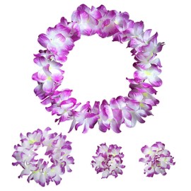 ZCMG Hawaiian Leis Headband Wristbands Hawaii Tropical Luau Flower Women Necklace Headpiece Hair Bands Hairband Bracelets Beach Summer Pool Wedding Cosplay Birthday Dress Up Party Supplies Purple