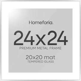 Homeforia 24x24 Silver Picture Frame, High End Metal 24 x 24 Large Square Silver Frames with Mat 20 by 20 inch Photo, 24by24 Thin Poster Frame Matted to 20x20 Print, Tempered Glass, Wall Kit, Set of 1