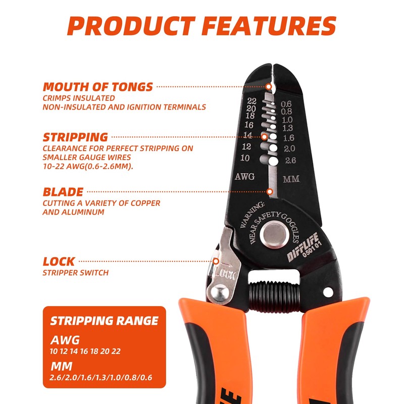 DIFFLIFE 10-22 AWG Wire Stripper Cutter Wire Stripping Tool And