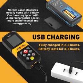 PREXISO Laser Measure, 265Ft Rechargeable Laser Distance Meter with Multi-Measurement Units M/in/Ft, Backlit LCD 4 Line Display, and Pythagorean, Distance, Area, Volume Modes