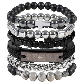 Eigso 6 Pcs Black Stone Beads Bracelets for Men Women Retro Vintage Edgy Trend Stones Beaded Cuff Wristband for Man Woman
