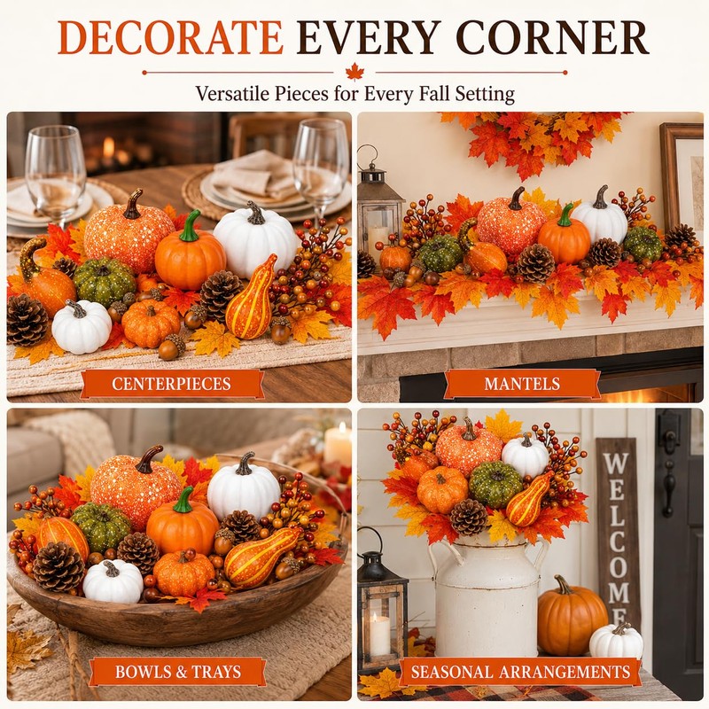 120-Piece Fall Harvest Decor Set with Artificial Mini Pumpkins and