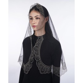 Bozidol Church Catholic Veils for Women, Black Gold Long D Shape Floral and Cross Embroidered Lace Mantilla Chapel Veil, Latin Mass Prayer Head Coverings with Clips
