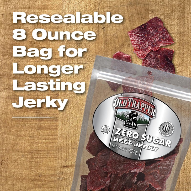 Old Trapper Zero Sugar Beef Jerky, Eight-Ounce Individual Package, Natural