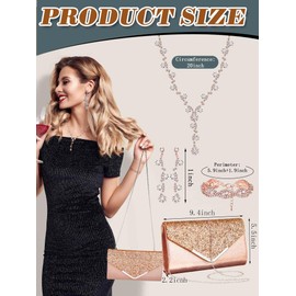 Henoyso 5 Pcs Purse Rhinestone Jewelry Set Prom Jewelry Rhinestone Clutch Purse Necklace Earrings Bracelets for Women Bride(Pink)