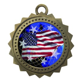 10 PK of American Flag Gold Medals Trophy Award with Neck Ribbons D03-FCL570