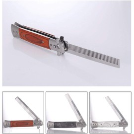 Stainless Steel Compact Portable Automatic Switch Folding Comb Mini Size Coarse Tooth Comb Scalp Comb Hair Comb Men (Color: Mahogany Handle)
