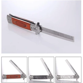 Stainless Steel Compact Portable Automatic Switch Folding Comb Mini Size Coarse Tooth Comb Scalp Comb Hair Comb Men (Color: Mahogany Handle)