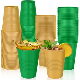Funnymoom 100 Pcs Green and Gold Disposable Plastic 12 oz Party Drinking Cups Green Gold Graduation Water Beverage Cups for Barbecues Picnics Festival Birthday Party Supplies