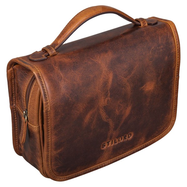 STILORD 'Arlo' Leather Hanging Toiletry Bag Wash Bag with Handle and Hook Travel Necessaire Vintage Leather, Kara - Cognac, m, Toiletry Bag