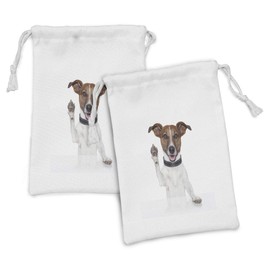 Ambesonne Jack Russell Fabric Pouch Set of 2, Waving High Fiving Dog Animal Lover Themed Design Paws, Small Drawstring Bag for Toiletries Masks and Favors, 9" x 6", Brown Black White