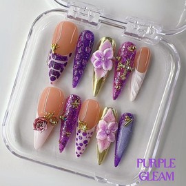 NailPhoria MID-FALL Collections 10PCS Handmade Press On Nails REUSABLE 3D GEL / Acrylic FALL 2024 - Design: Purple Gleam, Nail Bed Size: S