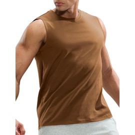 MIER Men's Workout Gym Cotton Tank Tops Athletic Beach Running Sleeveless Muscle T-Shirts Casual Summer, Brown, XL