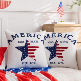 4th of July Pillow Covers Good Bless American Patriotic Decorative Throw Pillow Covers 16x16 Inch Set of 2 Embroidery Usa Star PillowCase Cushion Cases Couch Sofa Independence Memorial Day Decor