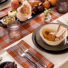 Solino Home Linen Table Runner 48 inch - 100% Pure Linen Nutmeg Glen Check Table Runner 14 x 48 Inch - Handcrafted and Machine Washable Fabric