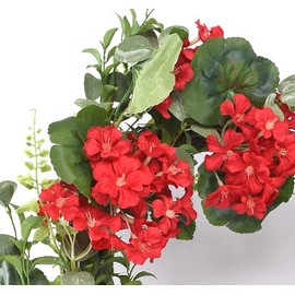dé 24 Inch Red Geranium Wreath on Hand Tied Twig Base, Artificial Floral, Spring and Summer Front Door Wreath, Red, Green, Brown
