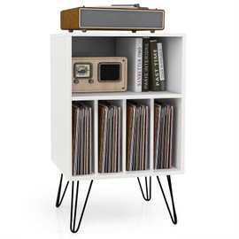 Giantex Record Player Stand, White Turntable Stand Holds up to 150 Albums, Mid-Century Vinyl Storage Cabinet Table with Metal Legs, Record Player Holder End Table for Bedroom Living Room