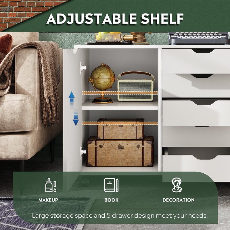 DEVAISE 5-Drawer Wood Dresser Chest with Door, Mobile Storage Cabinet,