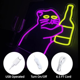 Neon Sign Cat Bottle Neon Sign Dimmable LED Light Pink Cat For Wall Decoration,Funny Bar Neon Signs for Kitchen Restaurant Shops Hotel Store Business Gift Christmas
