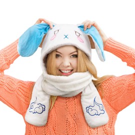 Winter Hoodie Hat Scarf Gloves Set, 3 in 1 Warm Plush Coral Fleece Animal Hats, Cute Ear Beanie Caps, Stylish Thick Slouchy Soft Snow Hat for Women Girl Skiing, colourful