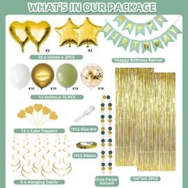 Gold Birthday Decorations, White and Green Balloons Party Decorations Set with Happy Birthday Banner Fringe Curtain Birthday Party Decoration for Kids Women Men Girls Golden Birthday Party Supplies