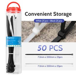 50 Pack Zip Cable Ties (Black and White, Each 25pcs), 9 Inch Self-Locking Nylon Zip Ties, Cable Cord Management, Plastic Wire Ties, Size: 7.2mm*250mm, UV Resistant, UL Listed, for Indoor and Outdoor