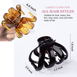 Big Claw Hair Clips for Thick Hair, 3.2'' Octopus Clips Large Hair Claw Clips for Women and Girls, Hair Jaw Clips Strong Hold Jumbo Hair Clip for All Hair Types, 6 Packs (Black & Brown)