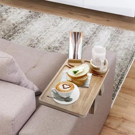 Couch Arm Table, Acacia Wood Sofa Arm Tray Clip on Couch Arm with 360°Rotated Phone Stand Drink Holer on Armrest