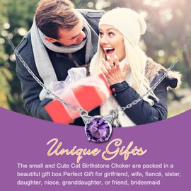 SILVERCUTE Sterling Silver Birthstone Necklaces, 925 Silver Pendant Cute Antler Deer/Cat/Round Gemstone Necklace for Women Teen Girls with 16-18" Chain (Cute Cat-Amethyst)