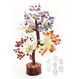 Sharvgun Seven Chakra Natural Healing Gemstone Crystal Bonsai Fortune Money Tree for Good Luck, Wealth & Prosperity & Set of 7 Clear Quartz Geometry Set, Charge Healing Crystal