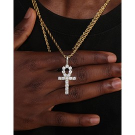 Lulu Mel Cross Necklace Iced Out 14K Gold Plated Cubic Zirconia Ankh Cross Pendant With Rope Chain, Trendy Hip Hop Gothic Diamond Jesus Cross Necklace For Men Women (Ankh Cross Gold)