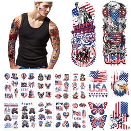 Konsait Independence Day Temporary Tattoos, 4th of July Fake Tattoos Sleeve USA Patriotic Tattoo Stickers for Adult Kids 4th of July Accessories