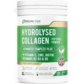 Premium Collagen Powder Complex – Bovine Collagen Peptides 450g- Enriched with Essential B Vitamins, Vitamin C, Zinc & Biotin – Pure Hydrolysed Collagen Supplement – by Natures Cure