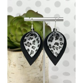 Handmade Faux Vegan Leather Gray Black Leopard Teardrop Leaf Earrings Pinched Silver Grey