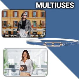 FATASH Womens Skinny PU leather Belt Slim Waist Strap with Adjustable Gold Metal Buckle | Vintage Style Solid Color Ladies Fashion Waistband | Classic Retro Thin Belt for Dresses Jeans Coat Royal Blue