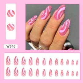 Press on Nails Medium Length Almond Pink Swirl False Nails With Glitter Designs Fake Nails Full Cover Glue on Nails Reusable Acrylic Artificial Nails Stick on Nails Set for Women Supplies 24Pcs
