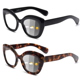 JM 2 Pack Photochrome Lesebrille für Frauen, Katzenauge Blaulicht Blockieren Federscharnier Computer Sonnenbrille,Schwarz Schildkröte +1.5