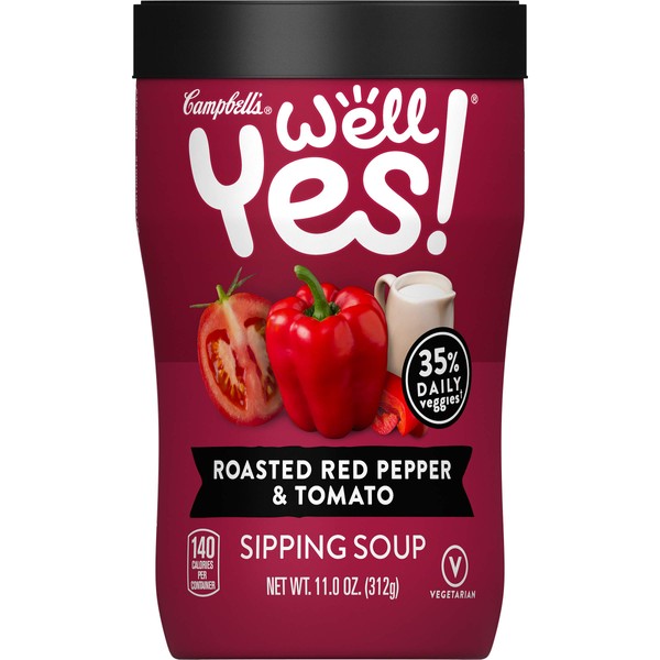 Campbell's Well Yes! Sipping Soup, Vegetable Soup On The Go, Roasted Red Pepper & Tomato, 11 Oz Cup (8 Pack)