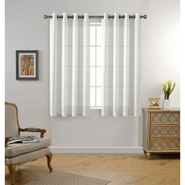 MIUCO Moroccan Embroidery Semi Sheer Curtains Faux Linen Grommet Window Curtains for Bedroom Living Room 63 Inch Length 2 Panels, Pure White