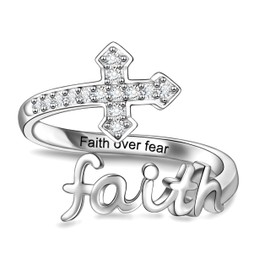 Cross Faith Ring for Women - 925 Sterling Silver Inspiration Rings Christian Faith Jewelry Sacred Purity Cross Ring with Religious Adjustable (Faith Over Fear)