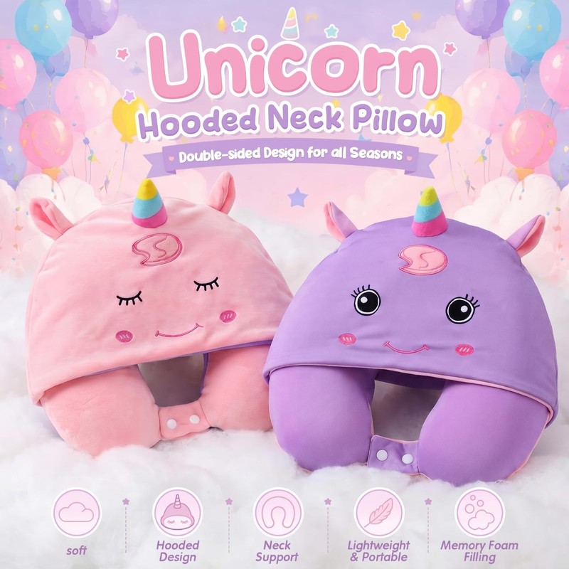 Amyhill Unicorn Kids Travel Neck Pillow, Airplane Pillow Hooded,Reversible