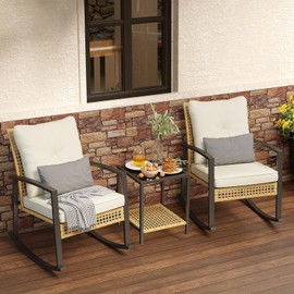 Rotihom 3 Piece Patio Rocking Chairs Set of 2, Outdoor Rocking Chair Bistro Set with Tempered Glass Coffee Table and Thick Lumbar Pillow Set, Front Porch Chairs for Garden, Backyard, Poolside (Beige)