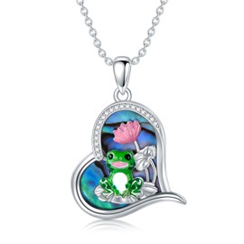 LONAGO Frog Heart Necklace with Lotus 925 Sterling Silver Frog Necklace with Abalone Shell Gift for Women