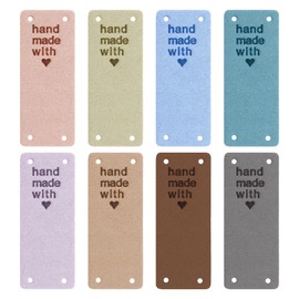 EMSea 40PCS Hand Made with Love Tags Leather Hand Made Labels Embellishments 4 Holes for Crochet Sewing Clothing Decors DIY Craft Handbags Decoration 8 Colours
