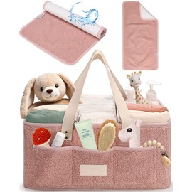 Baby Diaper Caddy Organizer with Portable Changing Mat - Teddy Fleece Diaper Organizer for Changing Table - Baby Basket for Diaper Changing Essentials - Baby Caddy Organizer with Removable Dividers