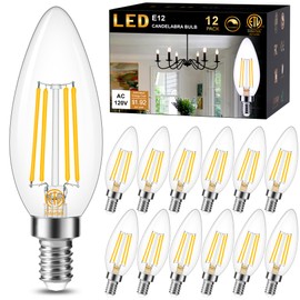 Cotanic E12 LED Bulb Dimmable 3000K Soft White, LED Candelabra Bulbs 60Watt Equivalent, Small Base Type B Light Bulbs, Candle Shape Chandelier Light Bulbs Clear Glass, 600LM, 12 Pack